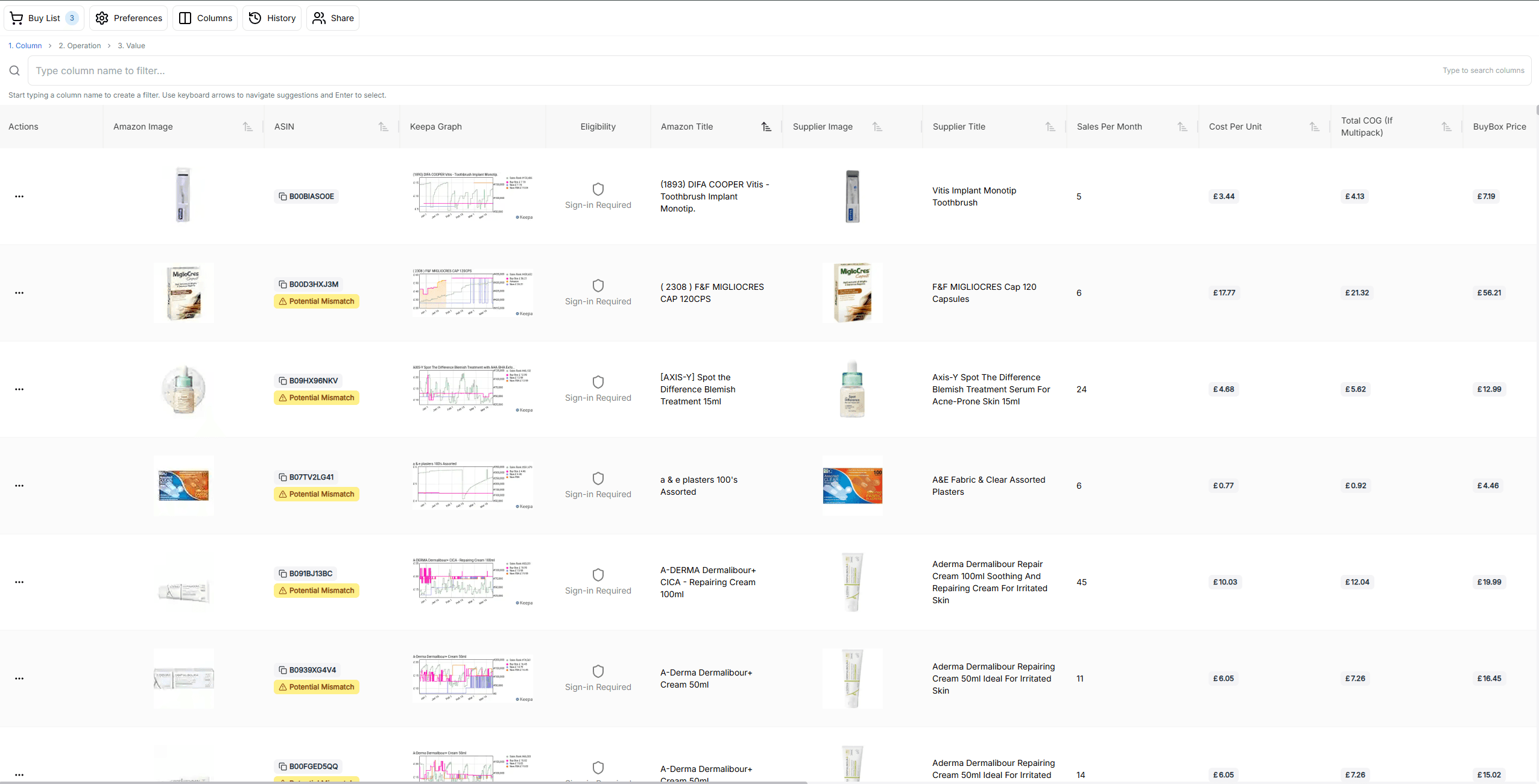 SourceSheets product analysis view showing profit, ROI and supplier match data for a buy list